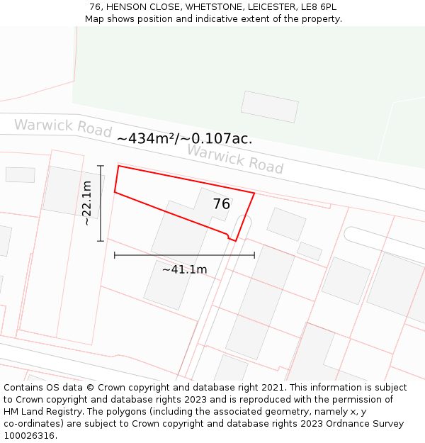 76, HENSON CLOSE, WHETSTONE, LEICESTER, LE8 6PL: Plot and title map