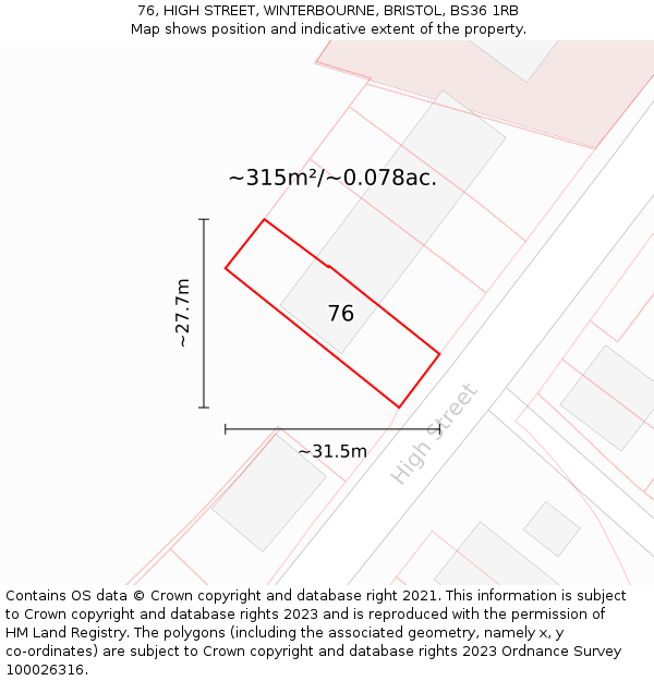 76, HIGH STREET, WINTERBOURNE, BRISTOL, BS36 1RB: Plot and title map