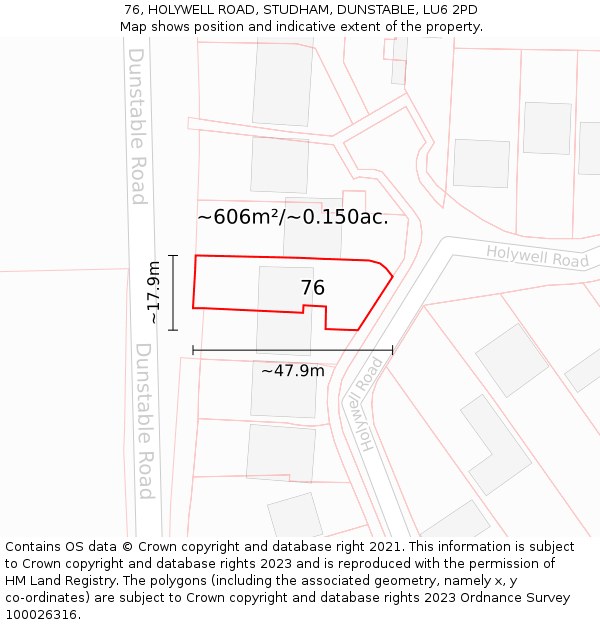76, HOLYWELL ROAD, STUDHAM, DUNSTABLE, LU6 2PD: Plot and title map