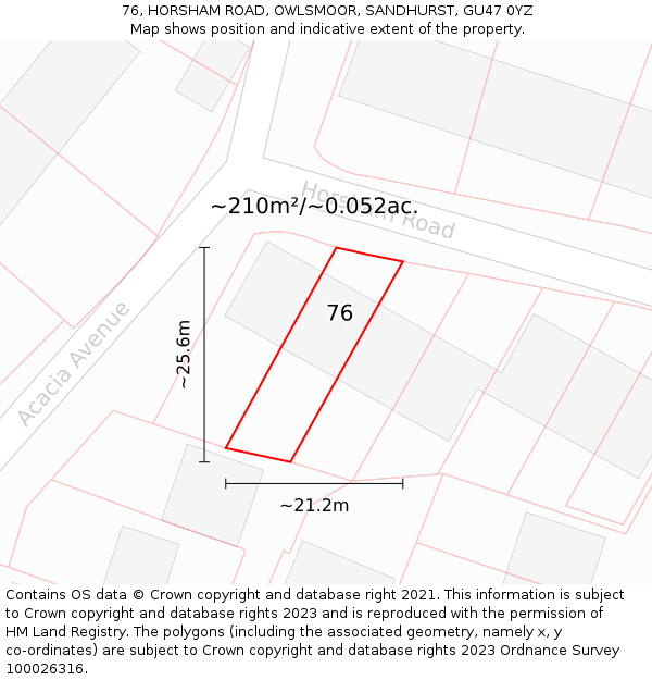76, HORSHAM ROAD, OWLSMOOR, SANDHURST, GU47 0YZ: Plot and title map