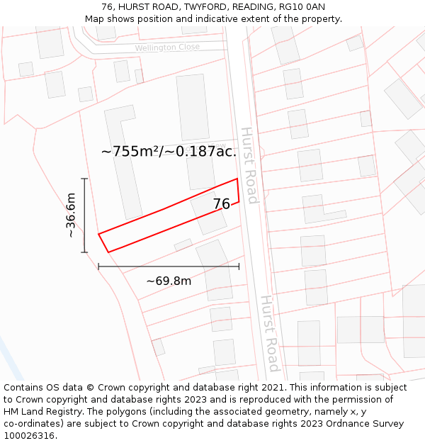 76, HURST ROAD, TWYFORD, READING, RG10 0AN: Plot and title map