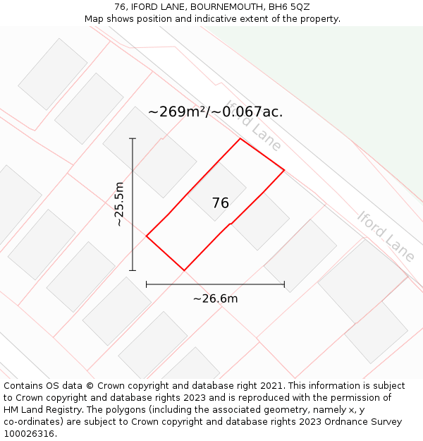 76, IFORD LANE, BOURNEMOUTH, BH6 5QZ: Plot and title map
