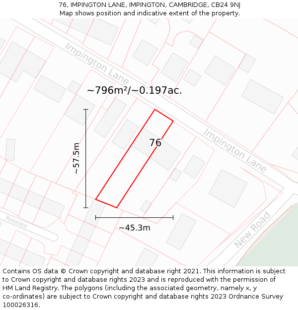 76, IMPINGTON LANE, IMPINGTON, CAMBRIDGE, CB24 9NJ: Plot and title map