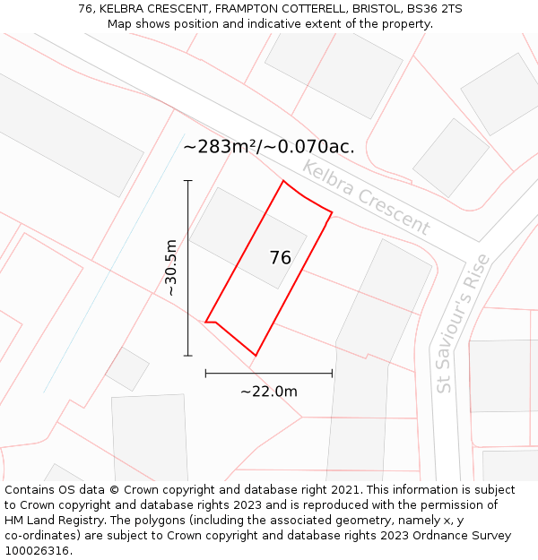 76, KELBRA CRESCENT, FRAMPTON COTTERELL, BRISTOL, BS36 2TS: Plot and title map