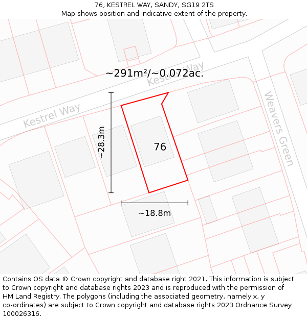 76, KESTREL WAY, SANDY, SG19 2TS: Plot and title map