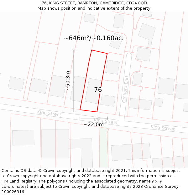 76, KING STREET, RAMPTON, CAMBRIDGE, CB24 8QD: Plot and title map