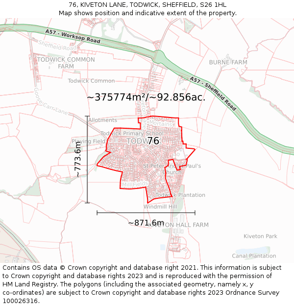 76, KIVETON LANE, TODWICK, SHEFFIELD, S26 1HL: Plot and title map