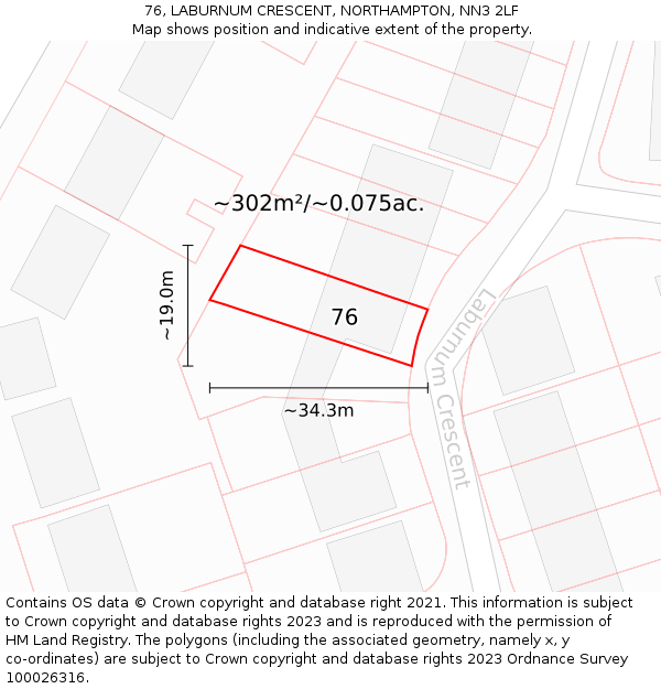 76, LABURNUM CRESCENT, NORTHAMPTON, NN3 2LF: Plot and title map
