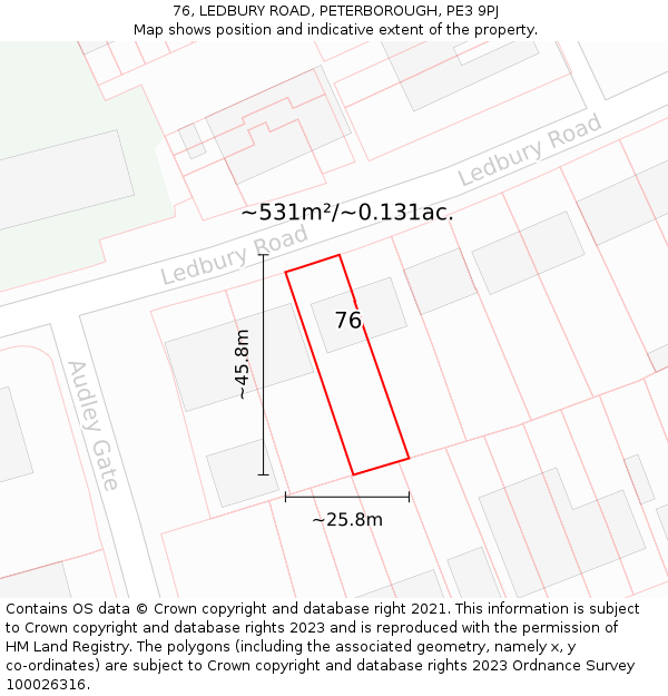 76, LEDBURY ROAD, PETERBOROUGH, PE3 9PJ: Plot and title map
