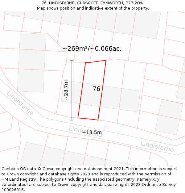 76, LINDISFARNE, GLASCOTE, TAMWORTH, B77 2QW: Plot and title map