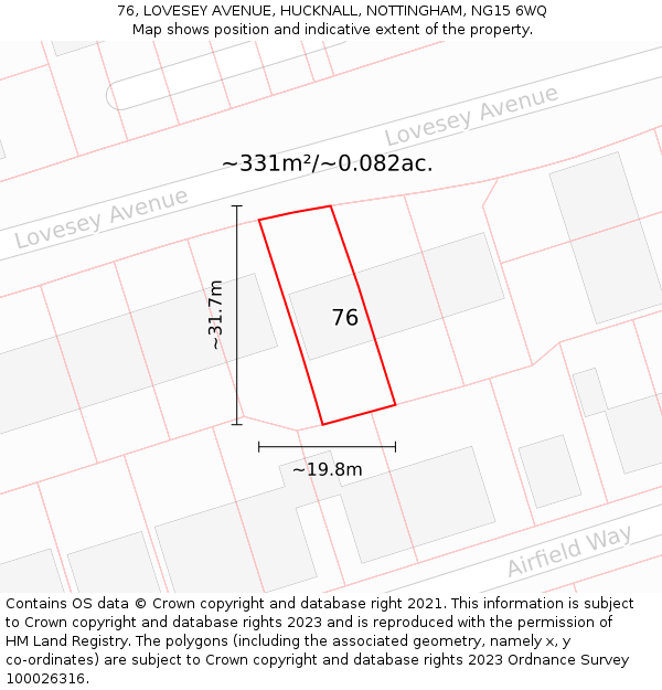 76, LOVESEY AVENUE, HUCKNALL, NOTTINGHAM, NG15 6WQ: Plot and title map