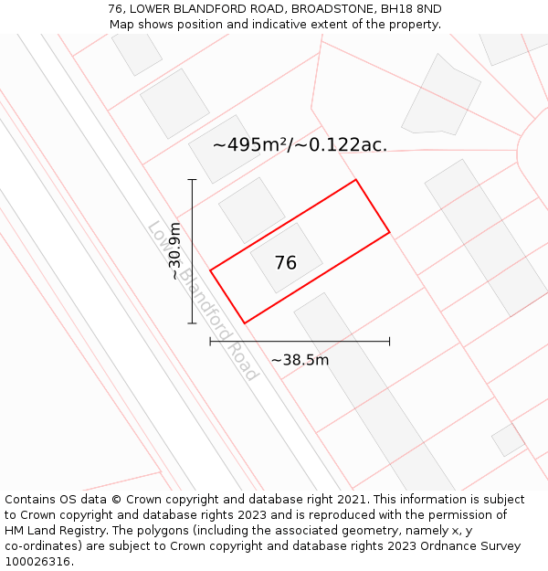 76, LOWER BLANDFORD ROAD, BROADSTONE, BH18 8ND: Plot and title map