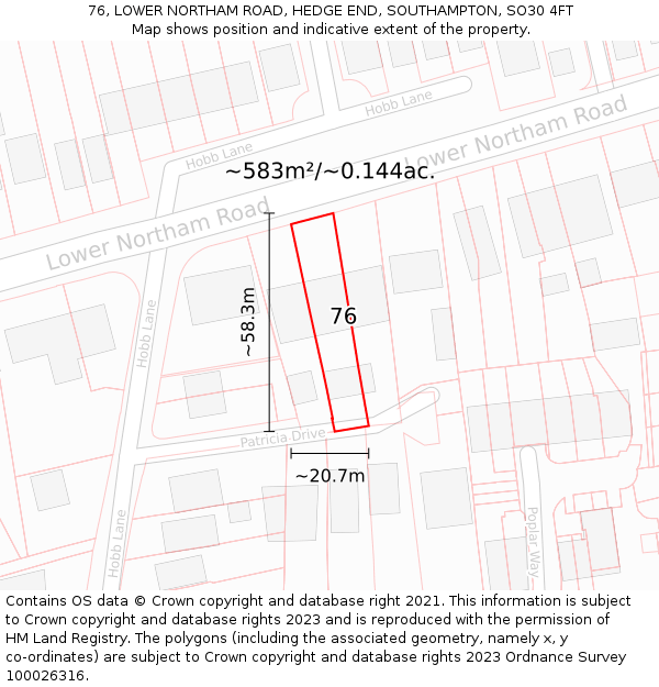 76, LOWER NORTHAM ROAD, HEDGE END, SOUTHAMPTON, SO30 4FT: Plot and title map