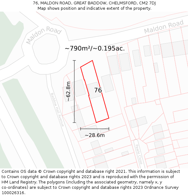 76, MALDON ROAD, GREAT BADDOW, CHELMSFORD, CM2 7DJ: Plot and title map