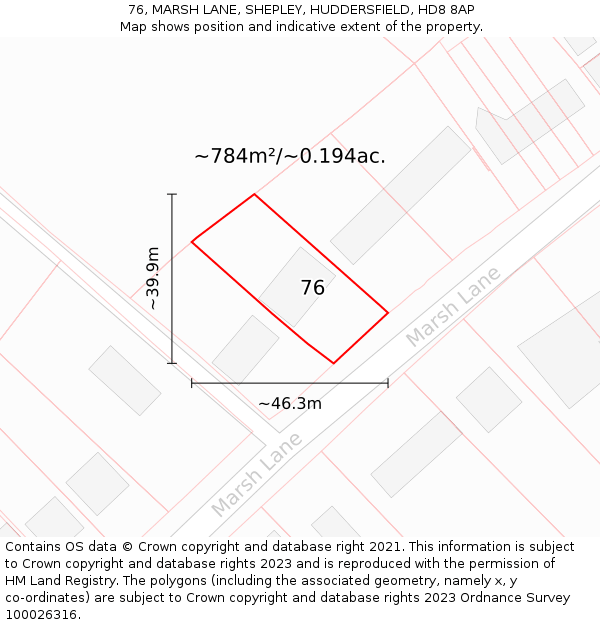 76, MARSH LANE, SHEPLEY, HUDDERSFIELD, HD8 8AP: Plot and title map