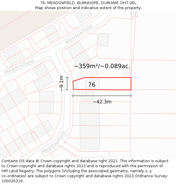 76, MEADOWFIELD, BURNHOPE, DURHAM, DH7 0EL: Plot and title map