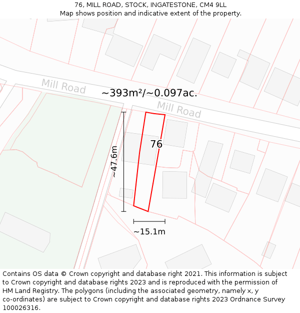 76, MILL ROAD, STOCK, INGATESTONE, CM4 9LL: Plot and title map