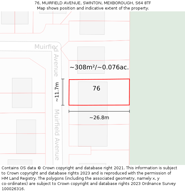 76, MUIRFIELD AVENUE, SWINTON, MEXBOROUGH, S64 8TF: Plot and title map