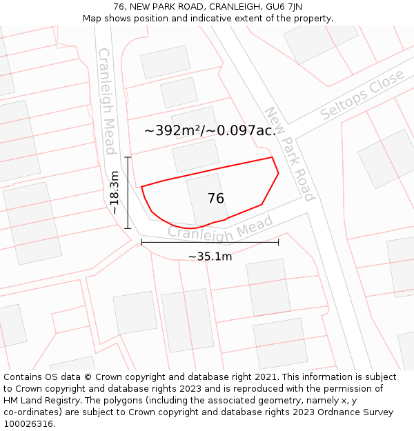 76, NEW PARK ROAD, CRANLEIGH, GU6 7JN: Plot and title map
