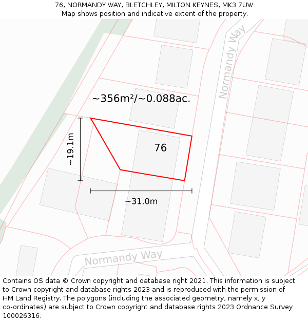 76, NORMANDY WAY, BLETCHLEY, MILTON KEYNES, MK3 7UW: Plot and title map