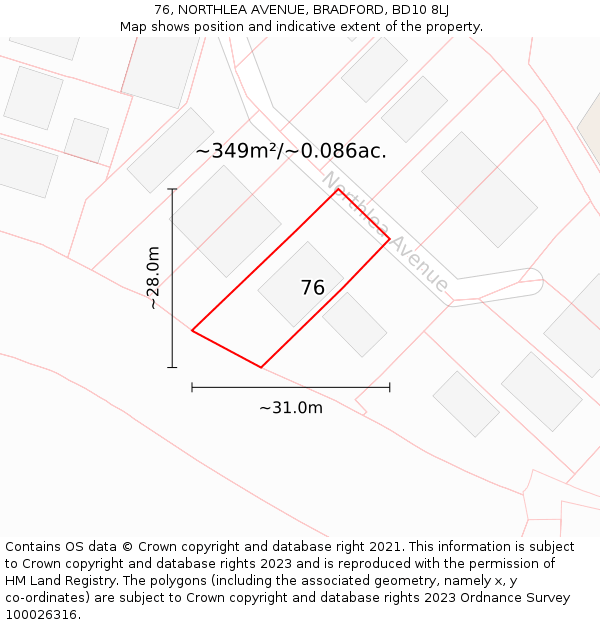 76, NORTHLEA AVENUE, BRADFORD, BD10 8LJ: Plot and title map