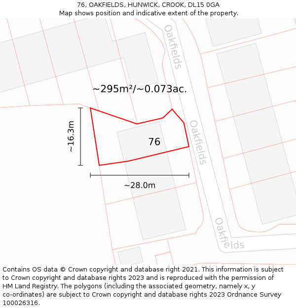 76, OAKFIELDS, HUNWICK, CROOK, DL15 0GA: Plot and title map