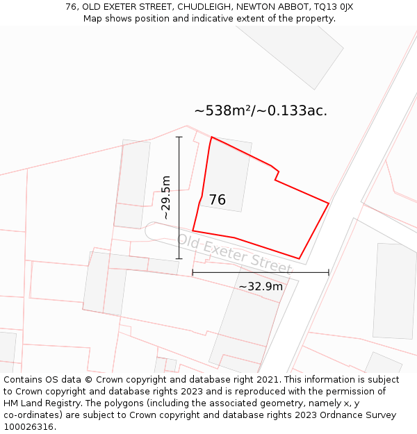 76, OLD EXETER STREET, CHUDLEIGH, NEWTON ABBOT, TQ13 0JX: Plot and title map