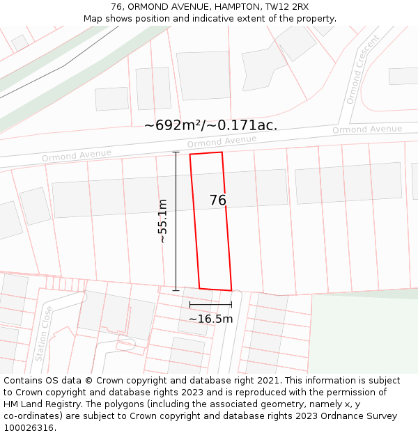 76, ORMOND AVENUE, HAMPTON, TW12 2RX: Plot and title map