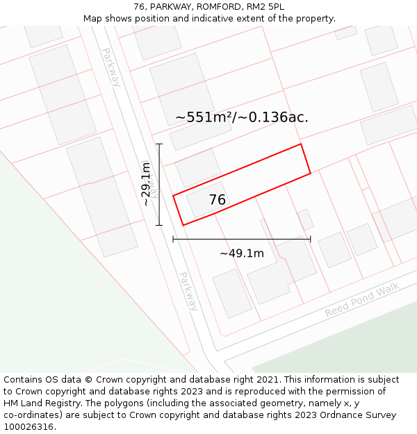 76, PARKWAY, ROMFORD, RM2 5PL: Plot and title map