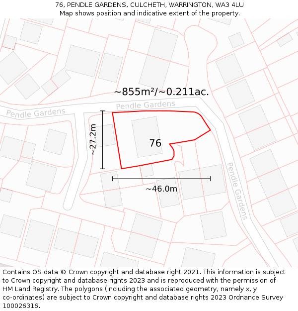 76, PENDLE GARDENS, CULCHETH, WARRINGTON, WA3 4LU: Plot and title map