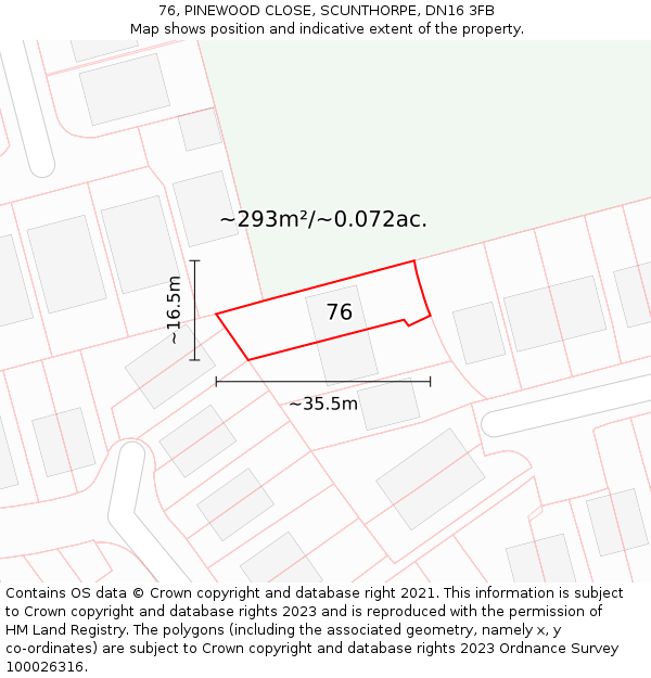 76, PINEWOOD CLOSE, SCUNTHORPE, DN16 3FB: Plot and title map