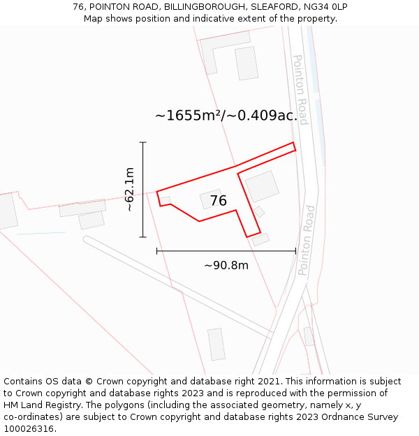 76, POINTON ROAD, BILLINGBOROUGH, SLEAFORD, NG34 0LP: Plot and title map