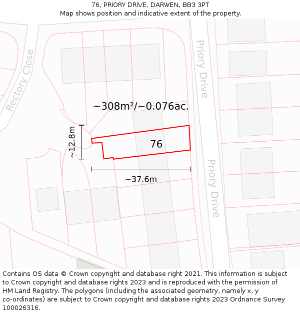 76, PRIORY DRIVE, DARWEN, BB3 3PT: Plot and title map