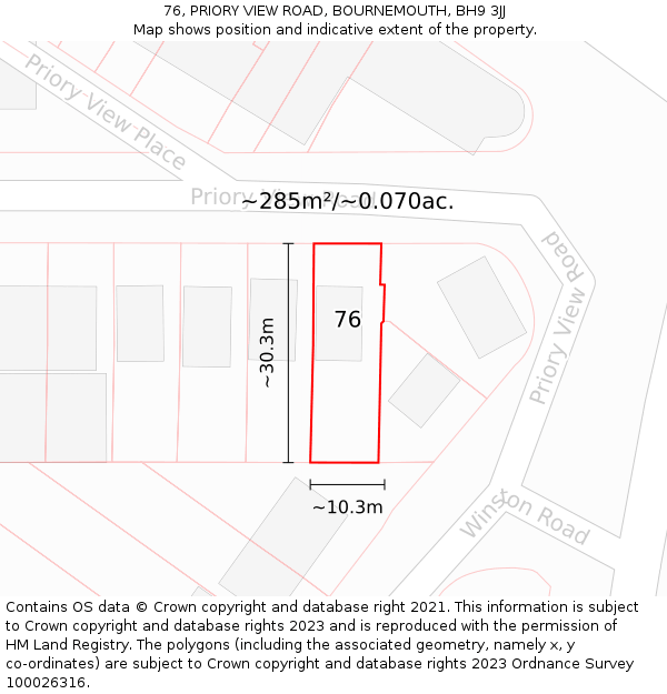 76, PRIORY VIEW ROAD, BOURNEMOUTH, BH9 3JJ: Plot and title map