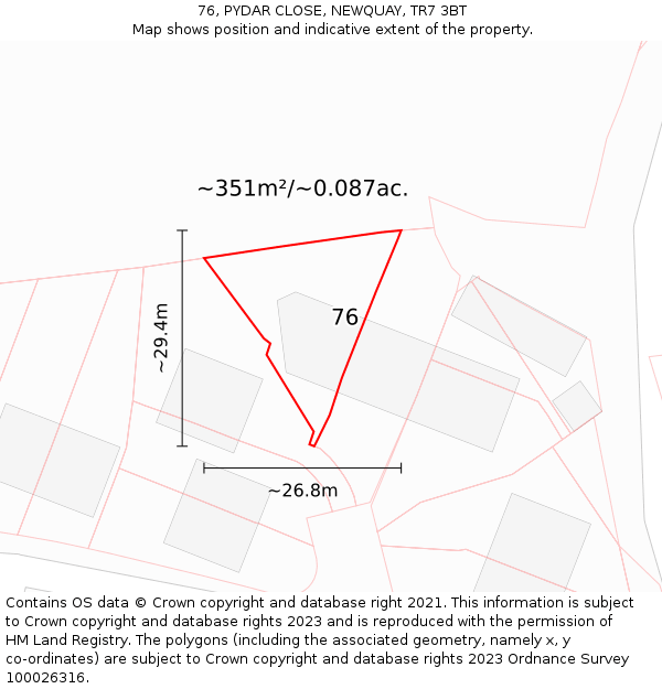 76, PYDAR CLOSE, NEWQUAY, TR7 3BT: Plot and title map