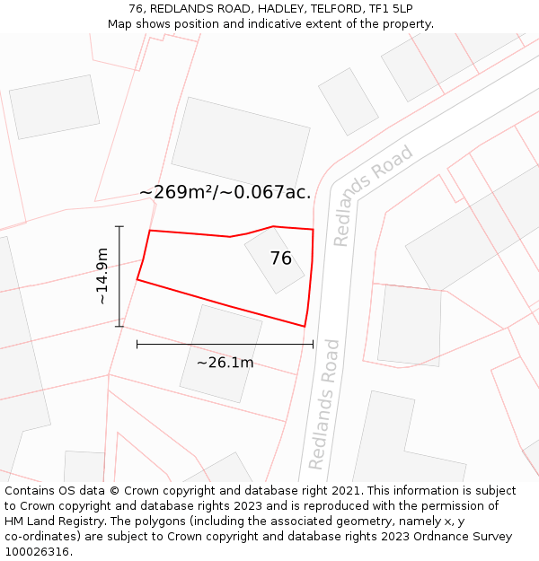 76, REDLANDS ROAD, HADLEY, TELFORD, TF1 5LP: Plot and title map