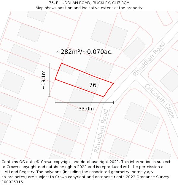 76, RHUDDLAN ROAD, BUCKLEY, CH7 3QA: Plot and title map