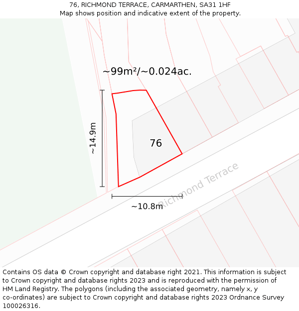 76, RICHMOND TERRACE, CARMARTHEN, SA31 1HF: Plot and title map