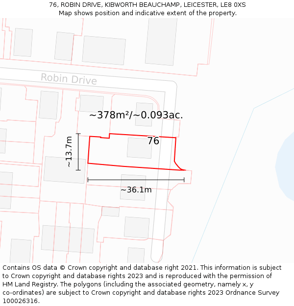 76, ROBIN DRIVE, KIBWORTH BEAUCHAMP, LEICESTER, LE8 0XS: Plot and title map
