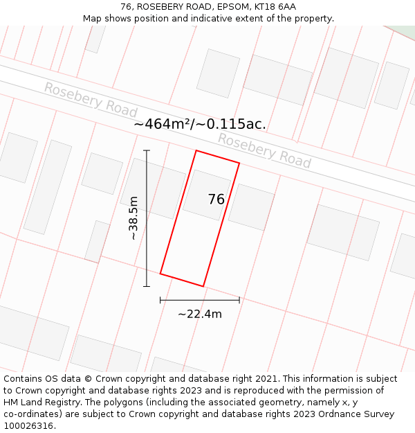 76, ROSEBERY ROAD, EPSOM, KT18 6AA: Plot and title map