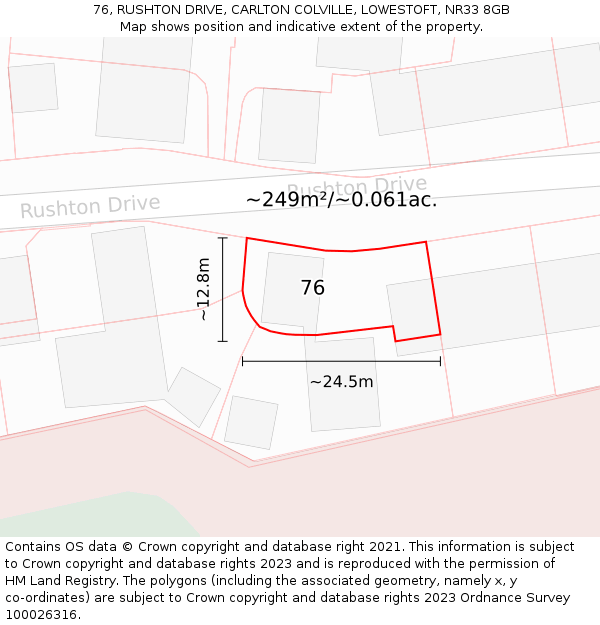76, RUSHTON DRIVE, CARLTON COLVILLE, LOWESTOFT, NR33 8GB: Plot and title map
