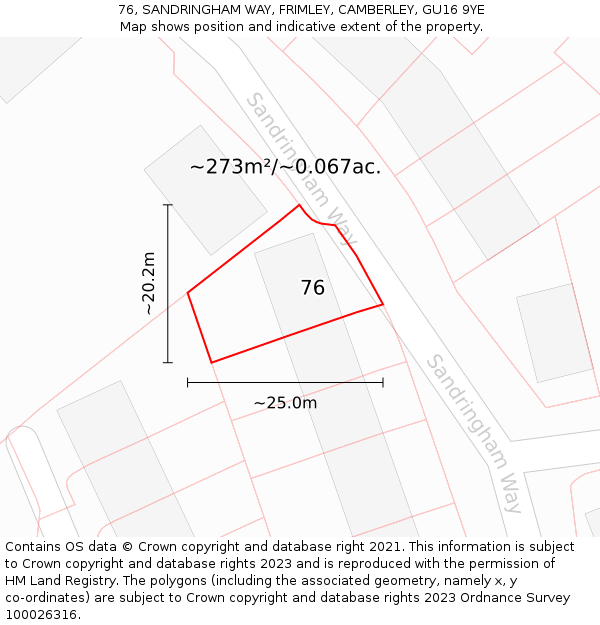 76, SANDRINGHAM WAY, FRIMLEY, CAMBERLEY, GU16 9YE: Plot and title map