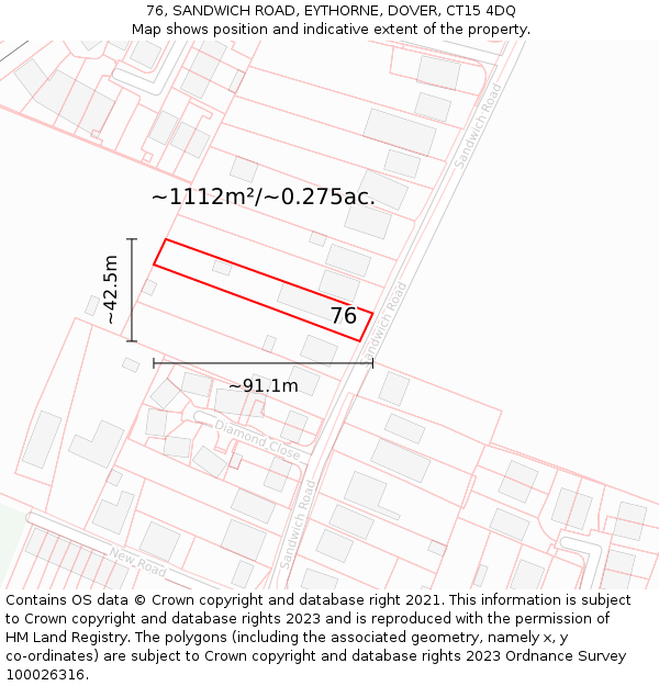 76, SANDWICH ROAD, EYTHORNE, DOVER, CT15 4DQ: Plot and title map