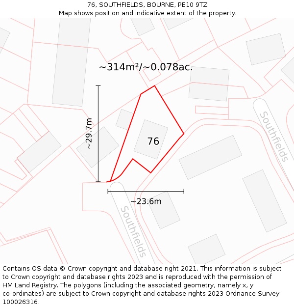 76, SOUTHFIELDS, BOURNE, PE10 9TZ: Plot and title map