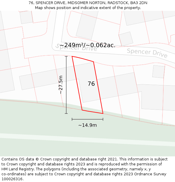 76, SPENCER DRIVE, MIDSOMER NORTON, RADSTOCK, BA3 2DN: Plot and title map
