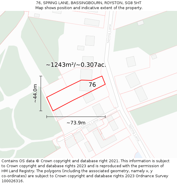 76, SPRING LANE, BASSINGBOURN, ROYSTON, SG8 5HT: Plot and title map