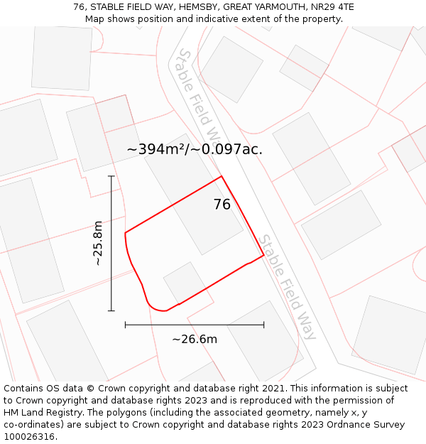 76, STABLE FIELD WAY, HEMSBY, GREAT YARMOUTH, NR29 4TE: Plot and title map