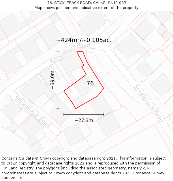 76, STICKLEBACK ROAD, CALNE, SN11 9RB: Plot and title map