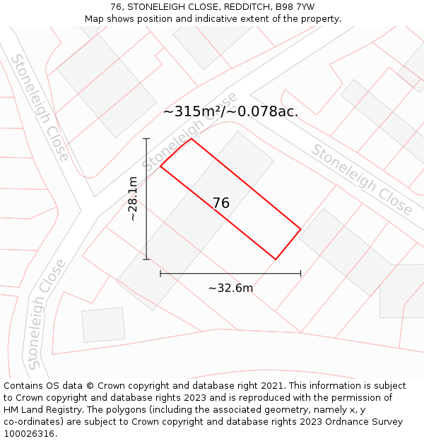 76, STONELEIGH CLOSE, REDDITCH, B98 7YW: Plot and title map