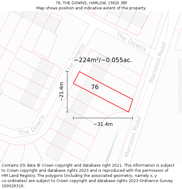 76, THE DOWNS, HARLOW, CM20 3RF: Plot and title map